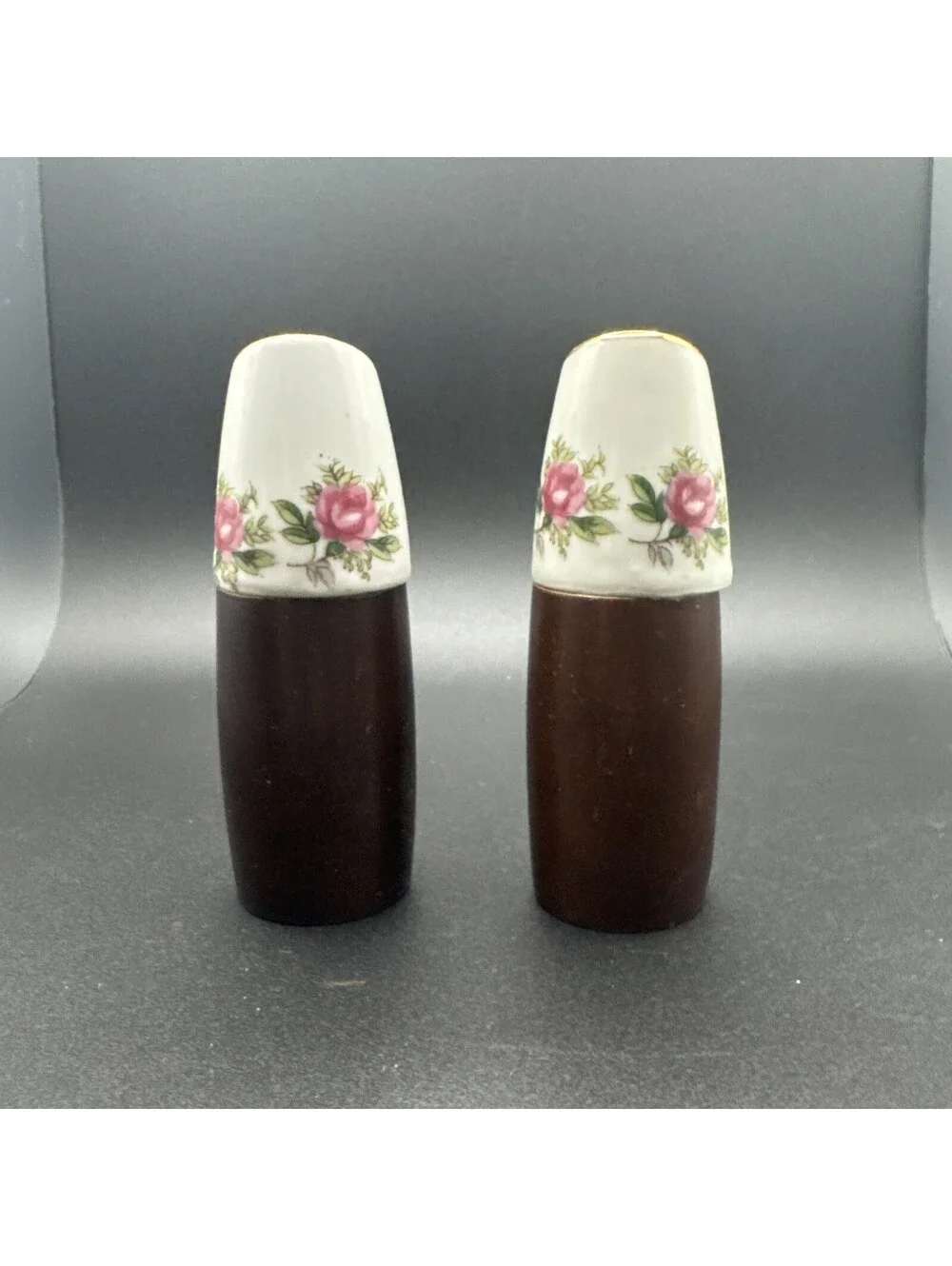Vtg Nevco Teak Wood Floral Porcelain Salt & Pepper Shakers Mid Century Boho 4